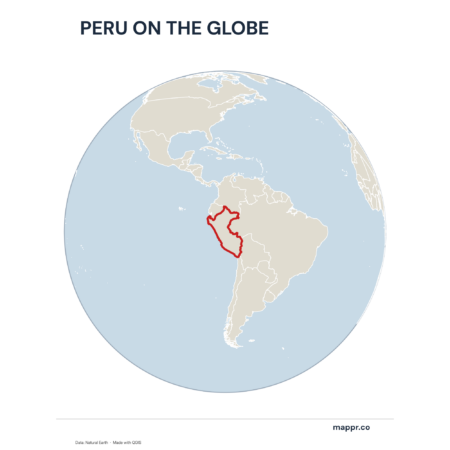 A map highlighting Peru's location on a globe, marked with a red outline.