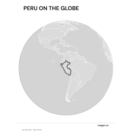 A map highlighting Peru's location on a globe, marked with a red outline (black and white).