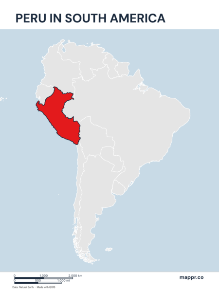 A map highlighting Peru's location on the south american continent.