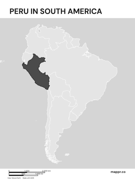 A map highlighting Peru's location on the south american continent (black and white).