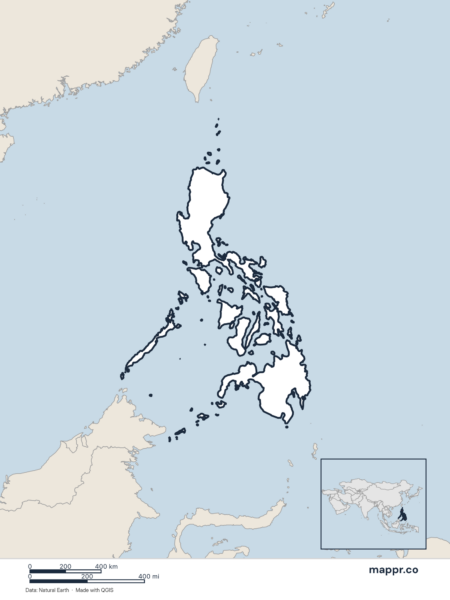 Blank political map of Philippines showing its international borders without labels.