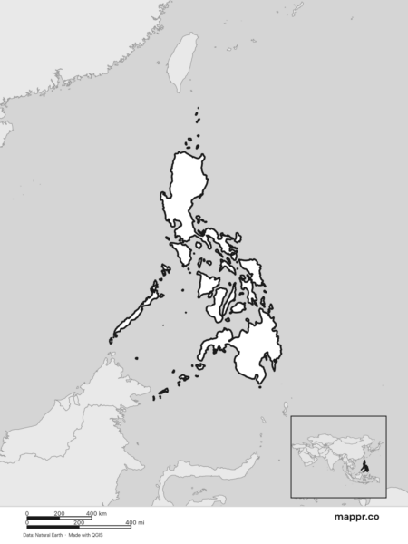Blank political map of Philippines showing its international borders without labels (black and white).