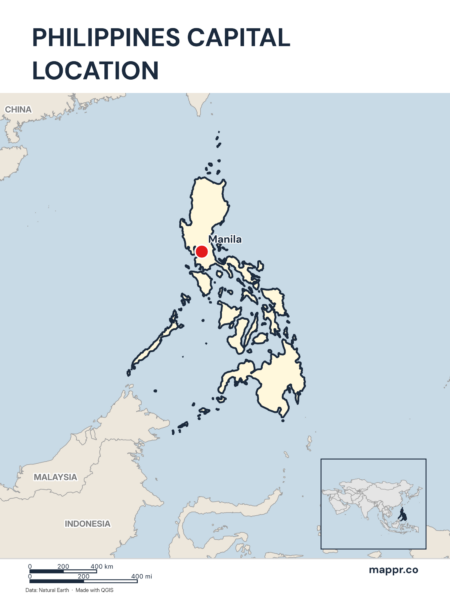 Detailed map pinpointing Manila, the capital of Philippines.
