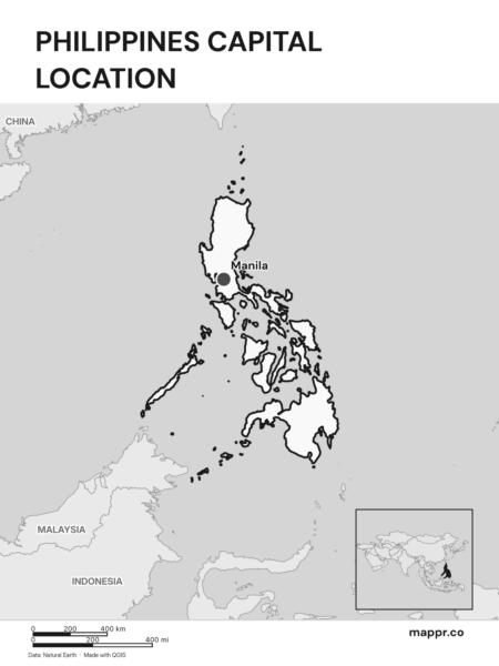 Detailed map pinpointing Manila, the capital of Philippines (black and white).