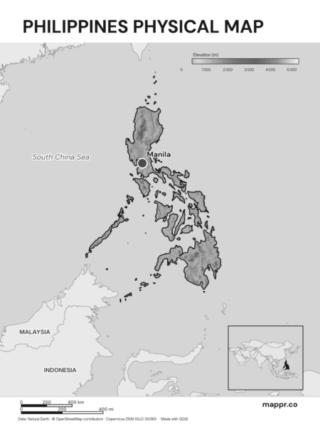 Map featuring Manila, the capital of Philippines, with rich topographical detail (black and white).