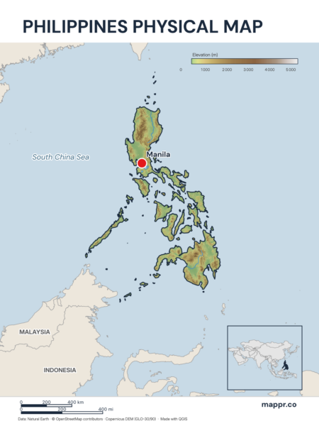 Map featuring Manila, the capital of Philippines, with rich topographical detail.