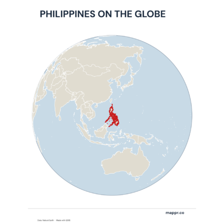 A map highlighting Philippines's location on a globe, marked with a red outline.