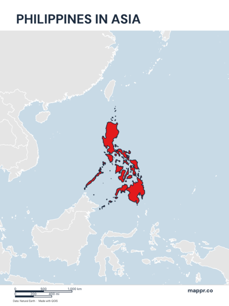 A map highlighting Philippines's location on the asian continent.