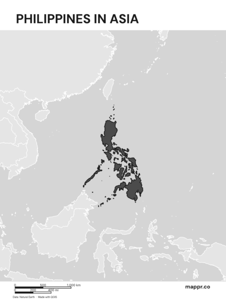 A map highlighting Philippines's location on the asian continent (black and white).