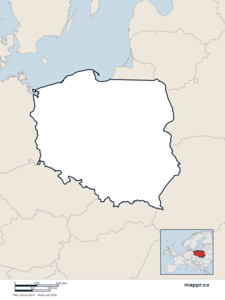 Blank political map of Poland showing its international borders without labels.