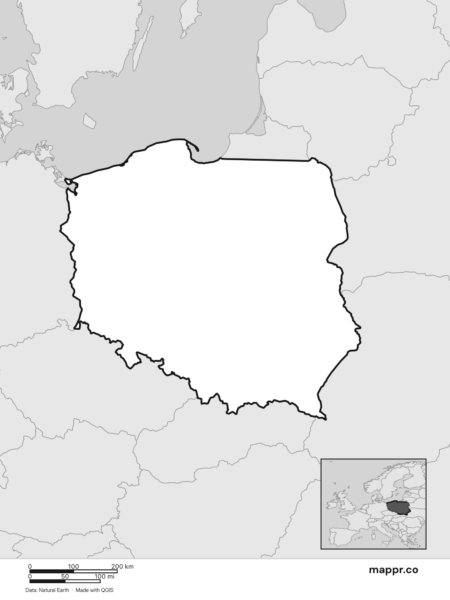 Blank political map of Poland showing its international borders without labels (black and white).