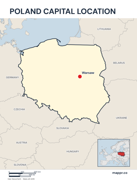 Detailed map pinpointing Warsaw, the capital of Poland.