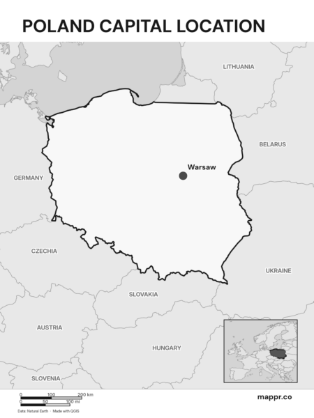 Detailed map pinpointing Warsaw, the capital of Poland (black and white).