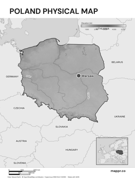 Map featuring Warsaw, the capital of Poland, with rich topographical detail (black and white).