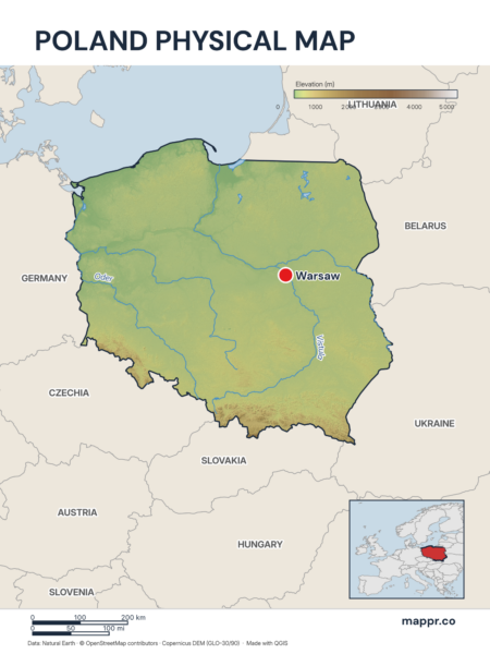 Map featuring Warsaw, the capital of Poland, with rich topographical detail.