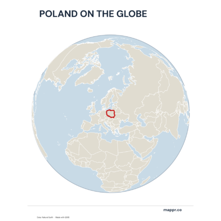 A map highlighting Poland's location on a globe, marked with a red outline.