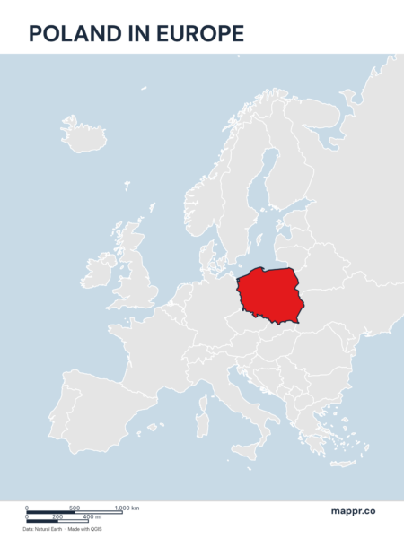 A map highlighting Poland's location on the european continent.
