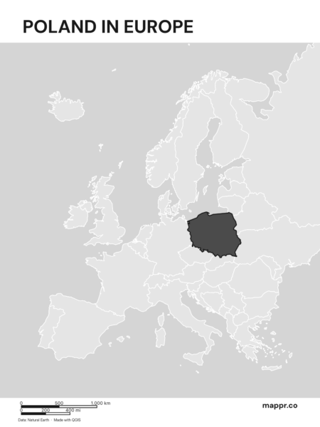A map highlighting Poland's location on the european continent (black and white).