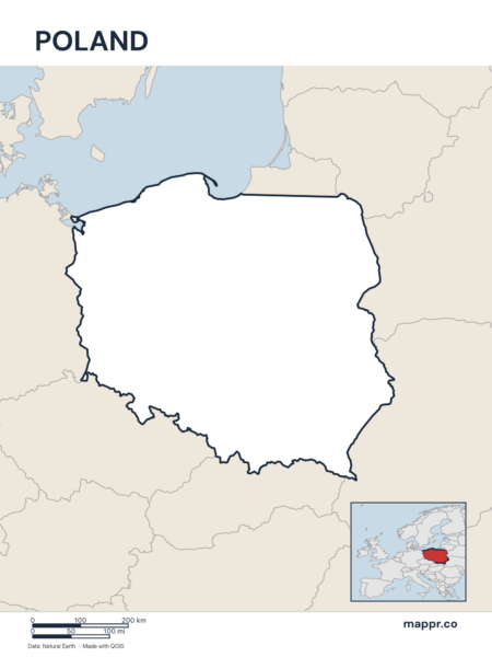Outline map of Poland with detailed country borders.