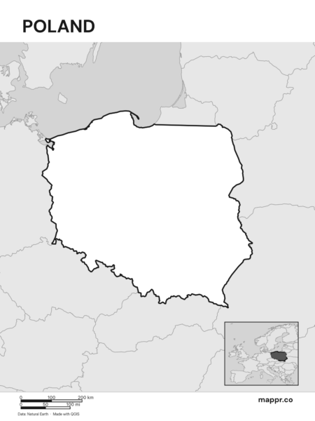 Outline map of Poland with detailed country borders (black and white).