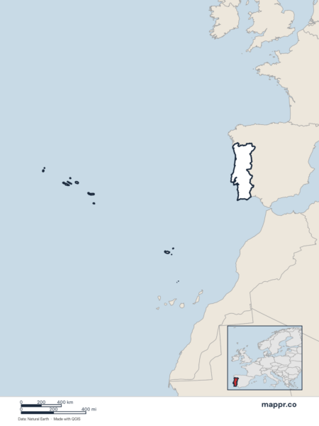 Blank political map of Portugal showing its international borders without labels.