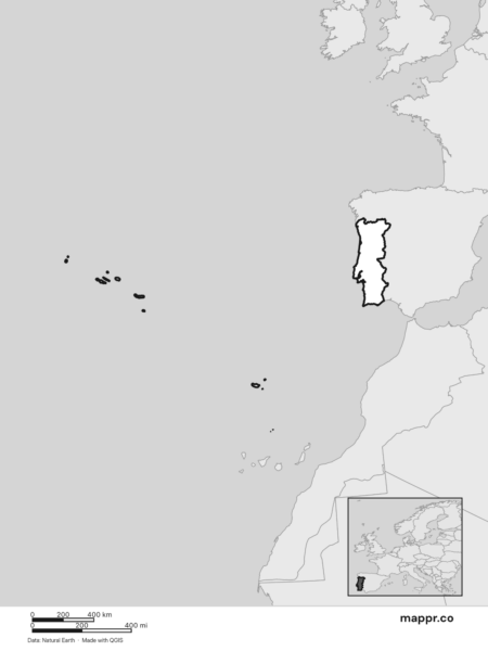 Blank political map of Portugal showing its international borders without labels (black and white).