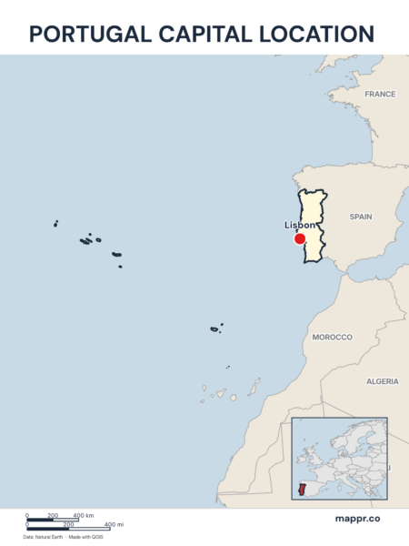 Detailed map pinpointing Lisbon, the capital of Portugal.