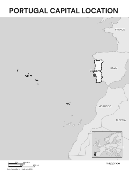 Detailed map pinpointing Lisbon, the capital of Portugal (black and white).
