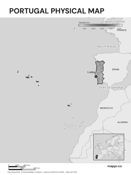 Map featuring Lisbon, the capital of Portugal, with rich topographical detail (black and white).