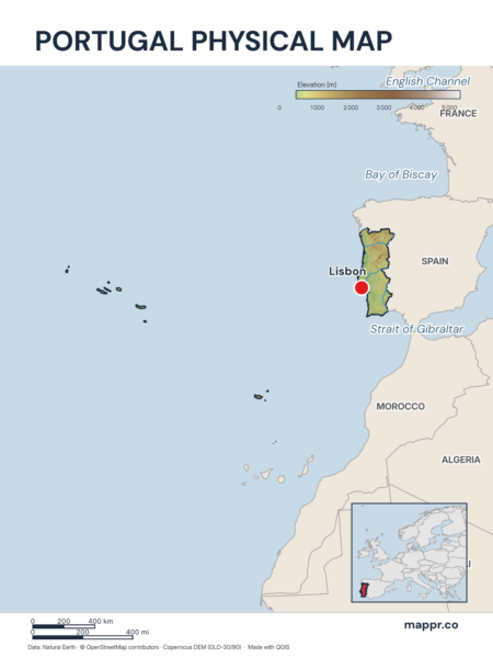 Map featuring Lisbon, the capital of Portugal, with rich topographical detail.