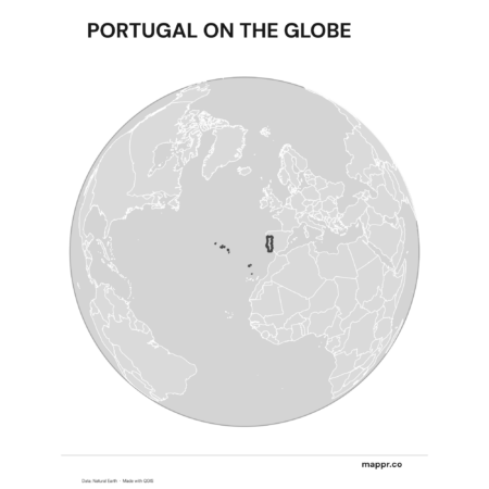 A map highlighting Portugal's location on a globe, marked with a red outline (black and white).