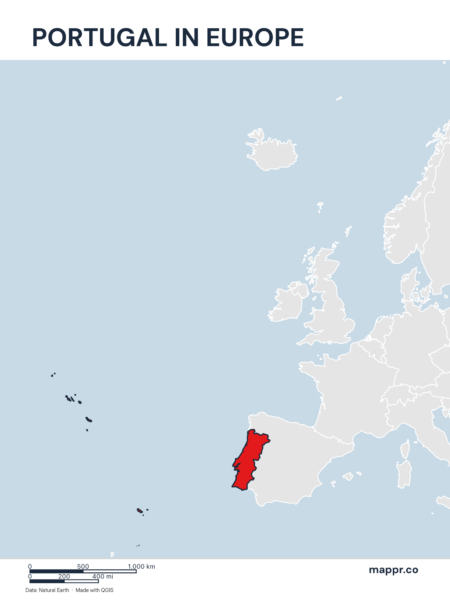 A map highlighting Portugal's location on the european continent.