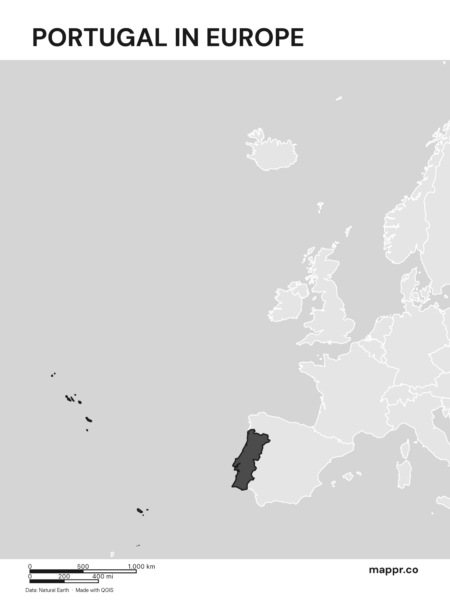 A map highlighting Portugal's location on the european continent (black and white).