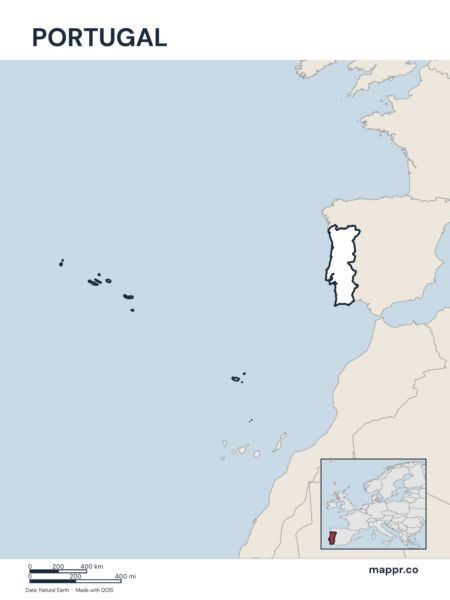 Outline map of Portugal with detailed country borders.