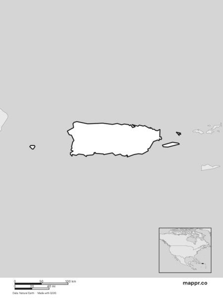 Blank political map of Puerto Rico showing its international borders without labels (black and white).