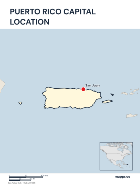 Detailed map pinpointing San Juan, the capital of Puerto Rico.