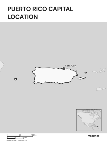 Detailed map pinpointing San Juan, the capital of Puerto Rico (black and white).
