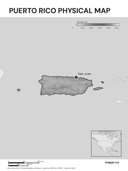 Map featuring San Juan, the capital of Puerto Rico, with rich topographical detail (black and white).