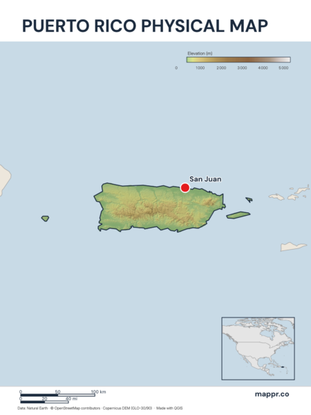 Map featuring San Juan, the capital of Puerto Rico, with rich topographical detail.