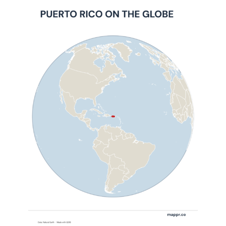 A map highlighting Puerto Rico's location on a globe, marked with a red outline.