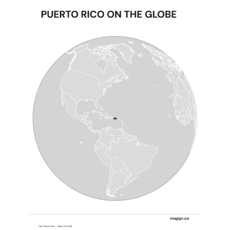 A map highlighting Puerto Rico's location on a globe, marked with a red outline (black and white).
