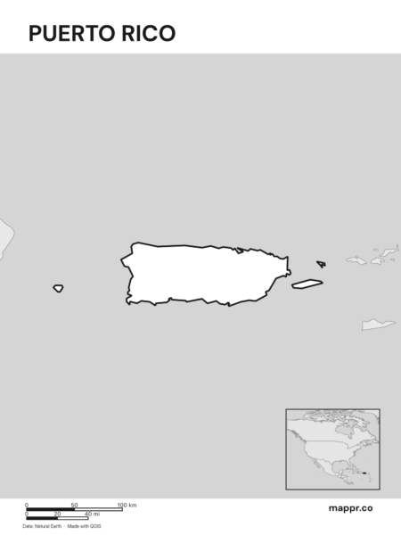 Outline map of Puerto Rico with detailed country borders (black and white).