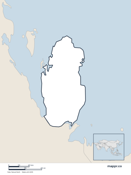 Blank political map of Qatar showing its international borders without labels.