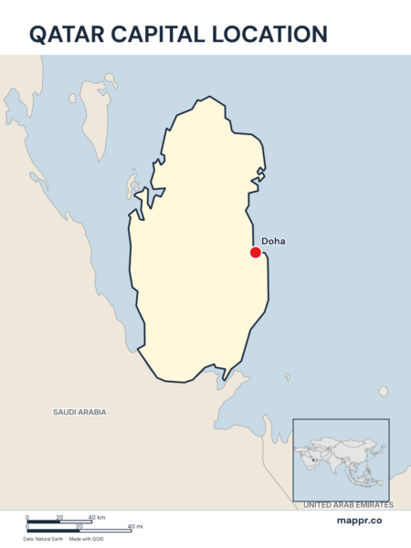 Detailed map pinpointing Doha, the capital of Qatar.