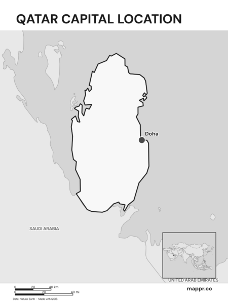 Detailed map pinpointing Doha, the capital of Qatar (black and white).