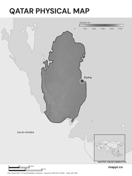 Map featuring Doha, the capital of Qatar, with rich topographical detail (black and white).