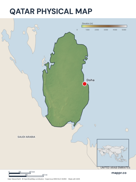 Map featuring Doha, the capital of Qatar, with rich topographical detail.