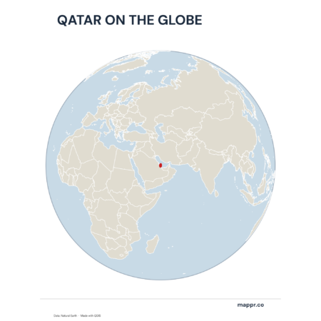 A map highlighting Qatar's location on a globe, marked with a red outline.