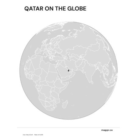 A map highlighting Qatar's location on a globe, marked with a red outline (black and white).