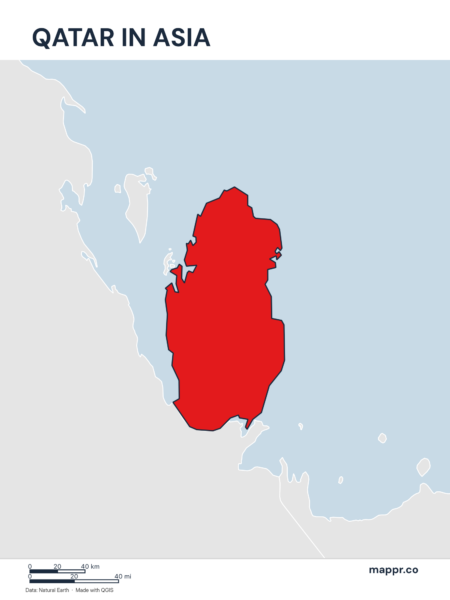 A map highlighting Qatar's location on the asian continent.